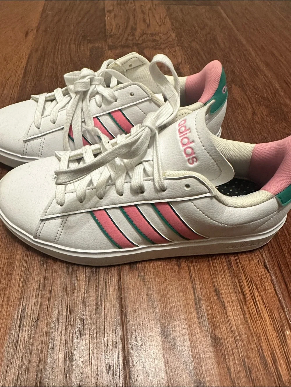 adidas White Pink & Green Accent Court Sneakers